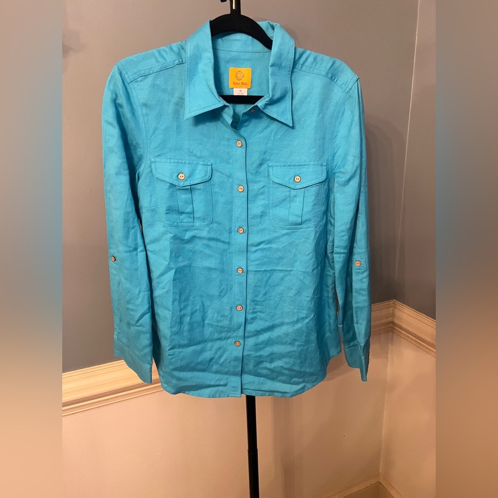 Ruby Rd. Turquoise Linen Blend Shirt‎ roll sleeves